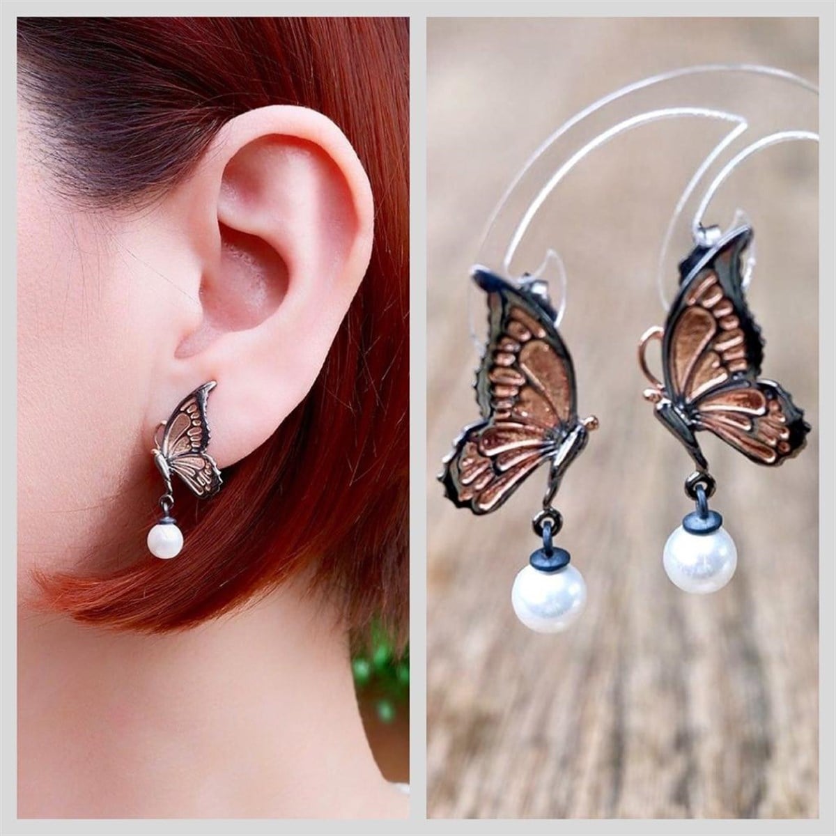 Rose İncili Kelebek Küpe