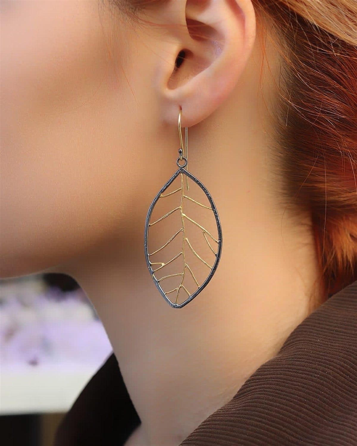 Sarı Siyah Tasarım Yaprak Küpe