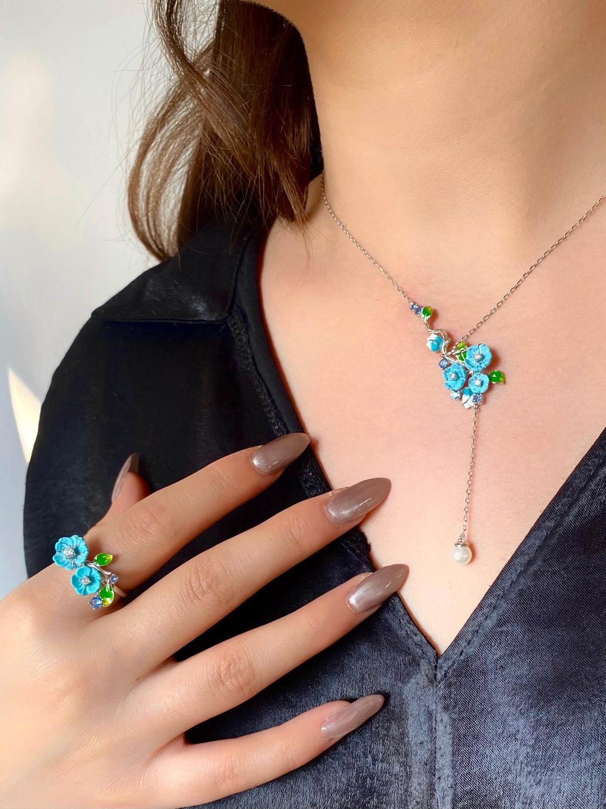 Turkuaz Çiçek Kolye