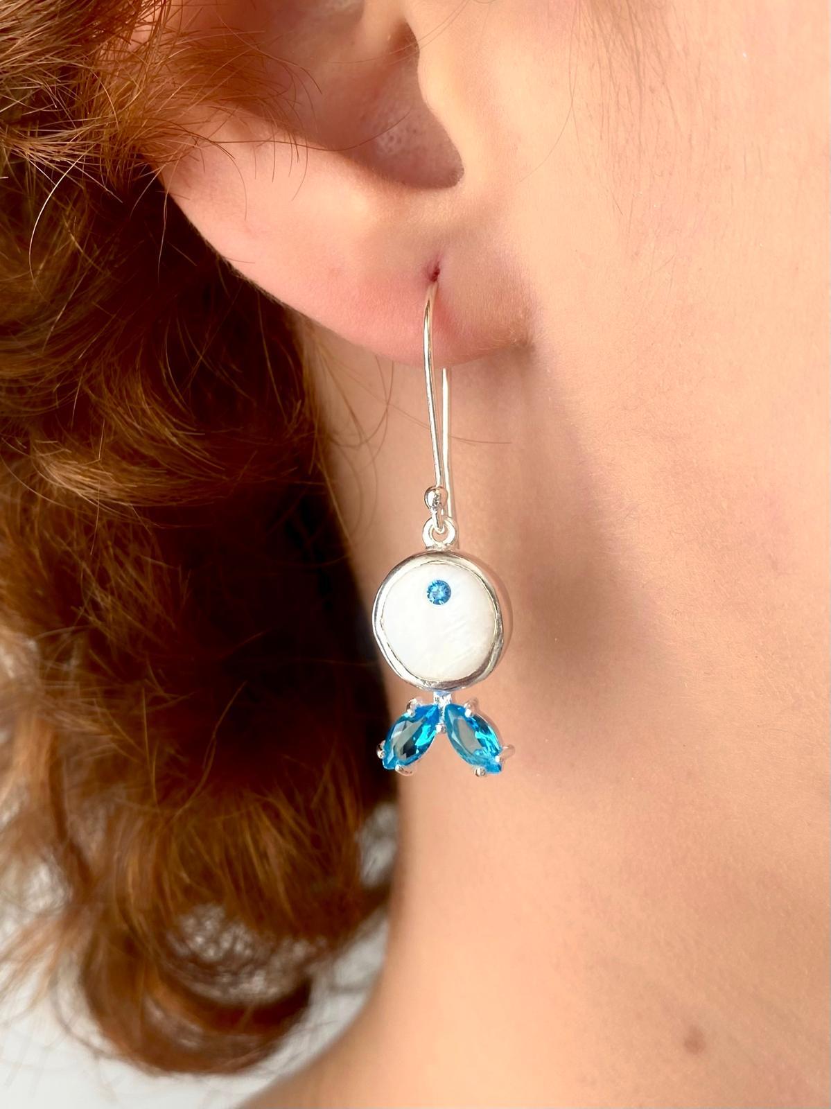 Sedef Ve Aquamarine Balık Küpe 2