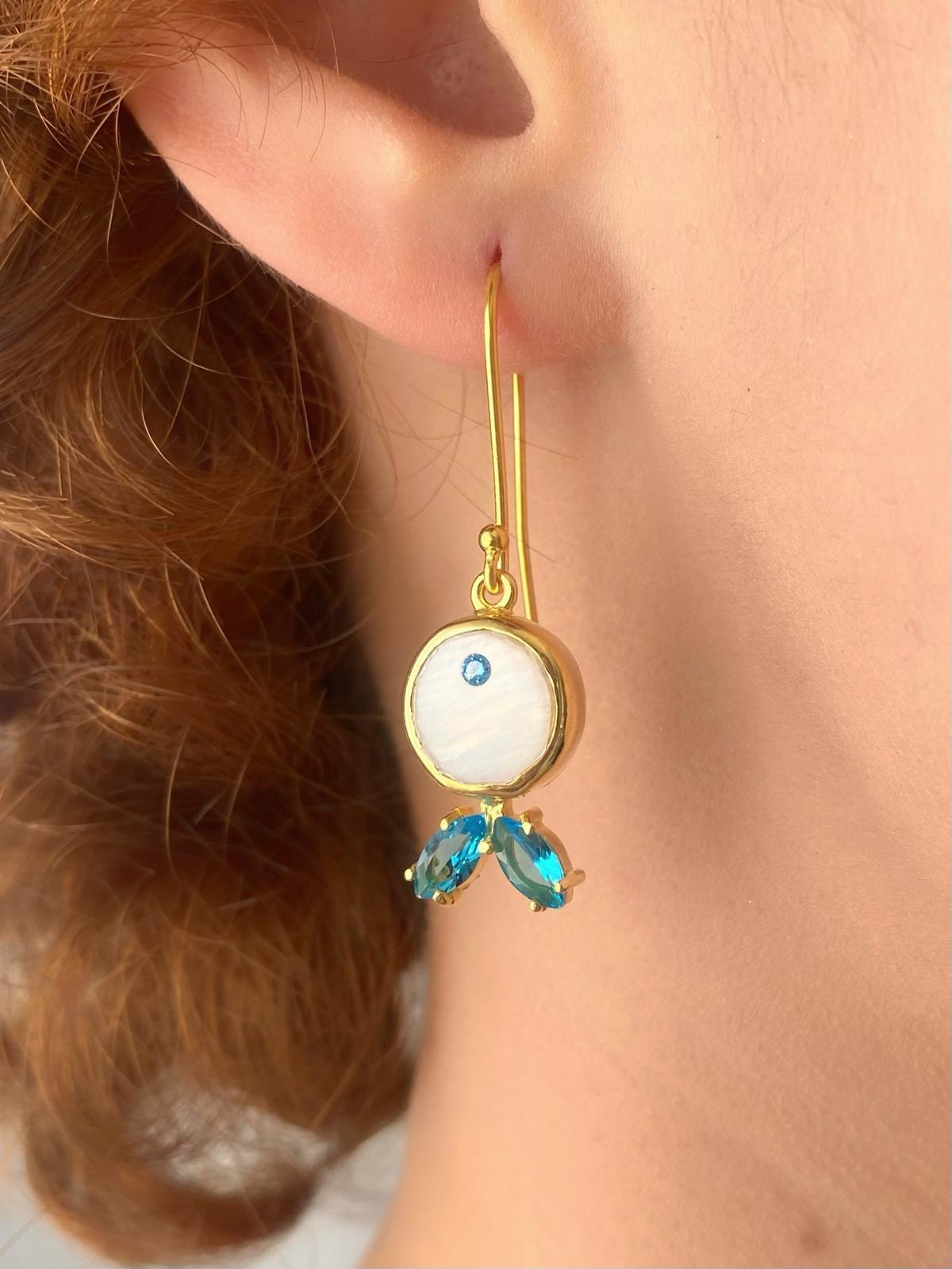 Sedef Ve Aquamarine Balık Küpe