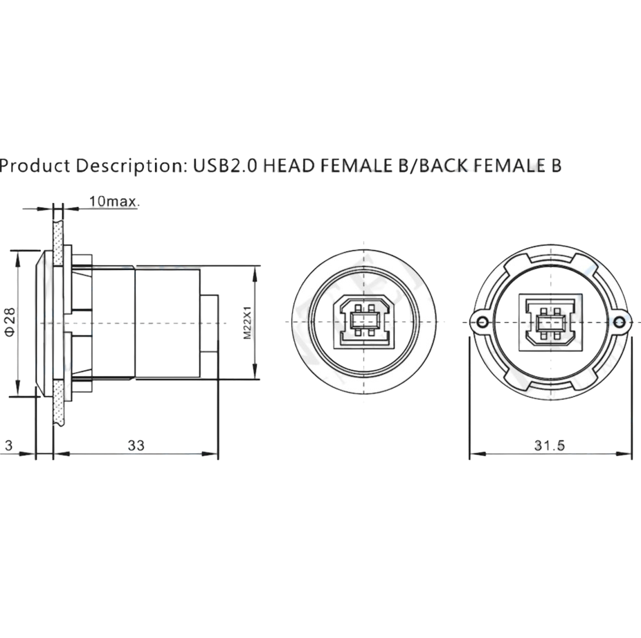 USB-04C-BK 22MM PANO TİP SİYAH USB B DİŞİ SOKET 
