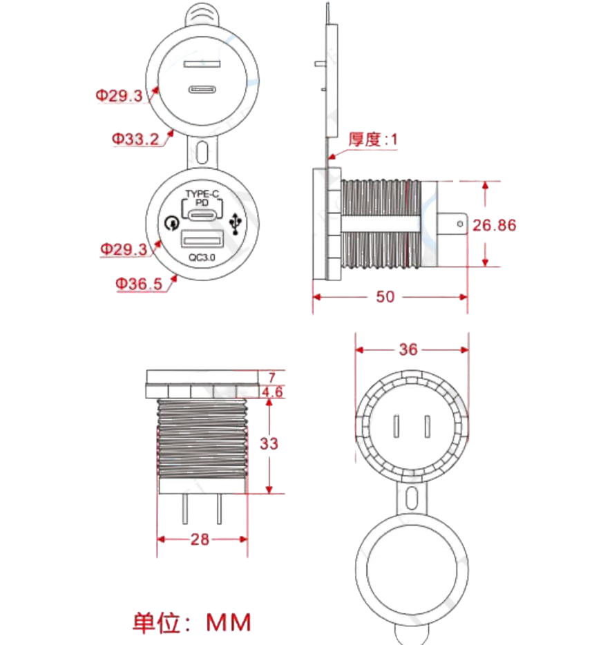 IC-266C-5 Pano Tipi USB 3.0 + Type-C Soket 12-24V - TYPE-C 30W - USB 18W