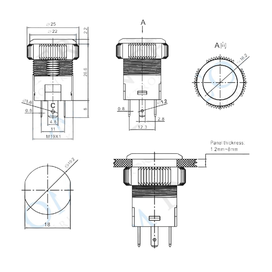 IPS19-10ZT  19mm Plastik LEDli Kalıcılı Power simgeli Buton