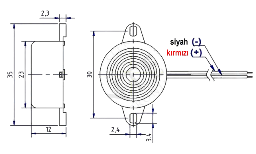 IC-221 Buzzer 12Volt DC 23mm Kablolu Devreli