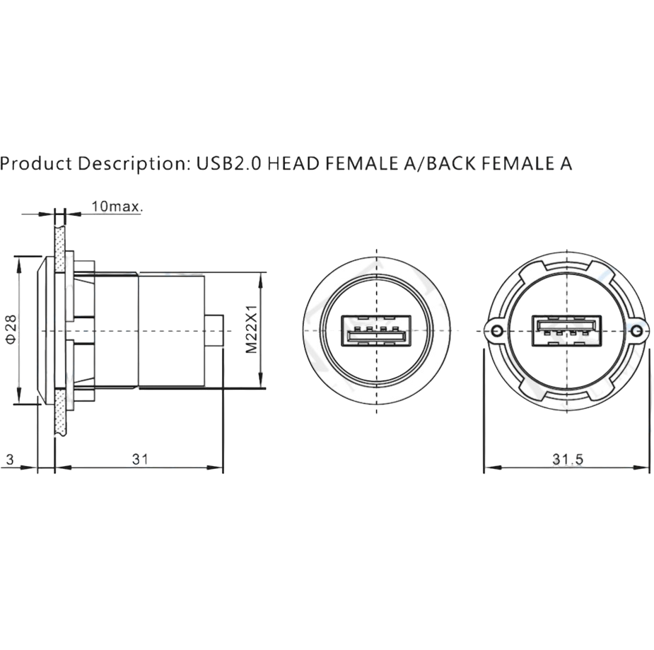 USB-01C-BK 22MM PANO TİP SİYAH USB A DİŞİ SOKET