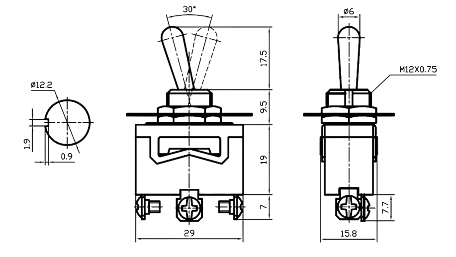 IC-154 Toggle Switch 3P ON-OFF-MOM Ø12mm KN3C-113