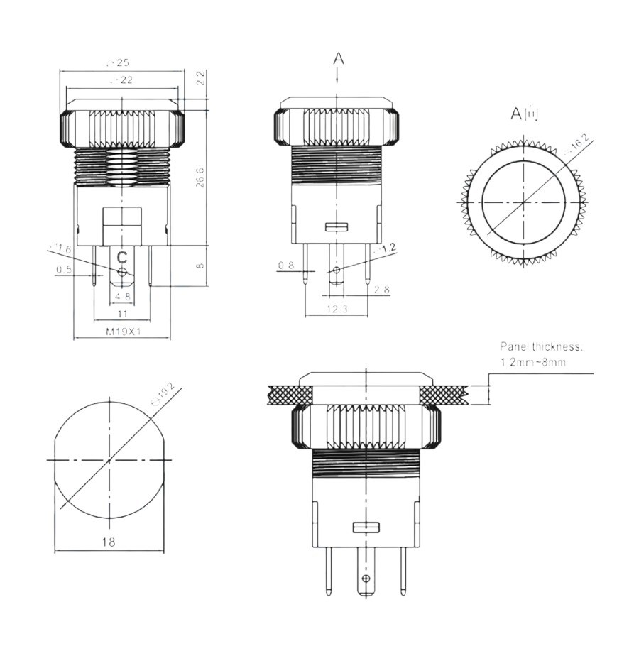 IPS19-10T  19mm Plastik LEDli Yaylı Power simgeli Buton