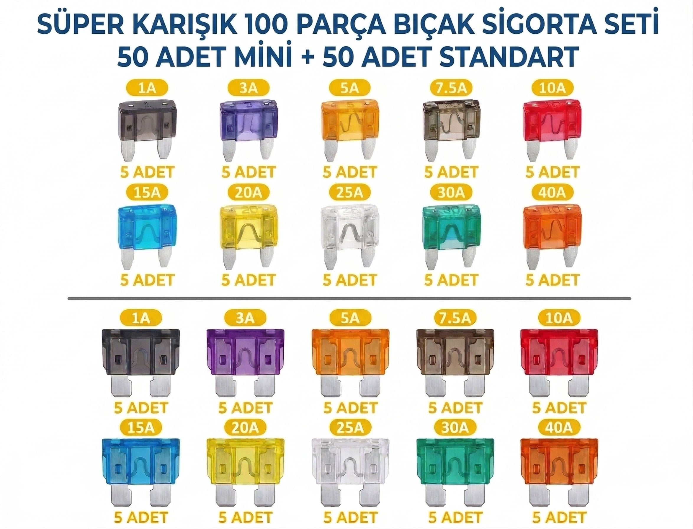 IC-274B Kutulu Mini & Standart Karışık Oto Bıçak Sigorta Seti 100 Parça