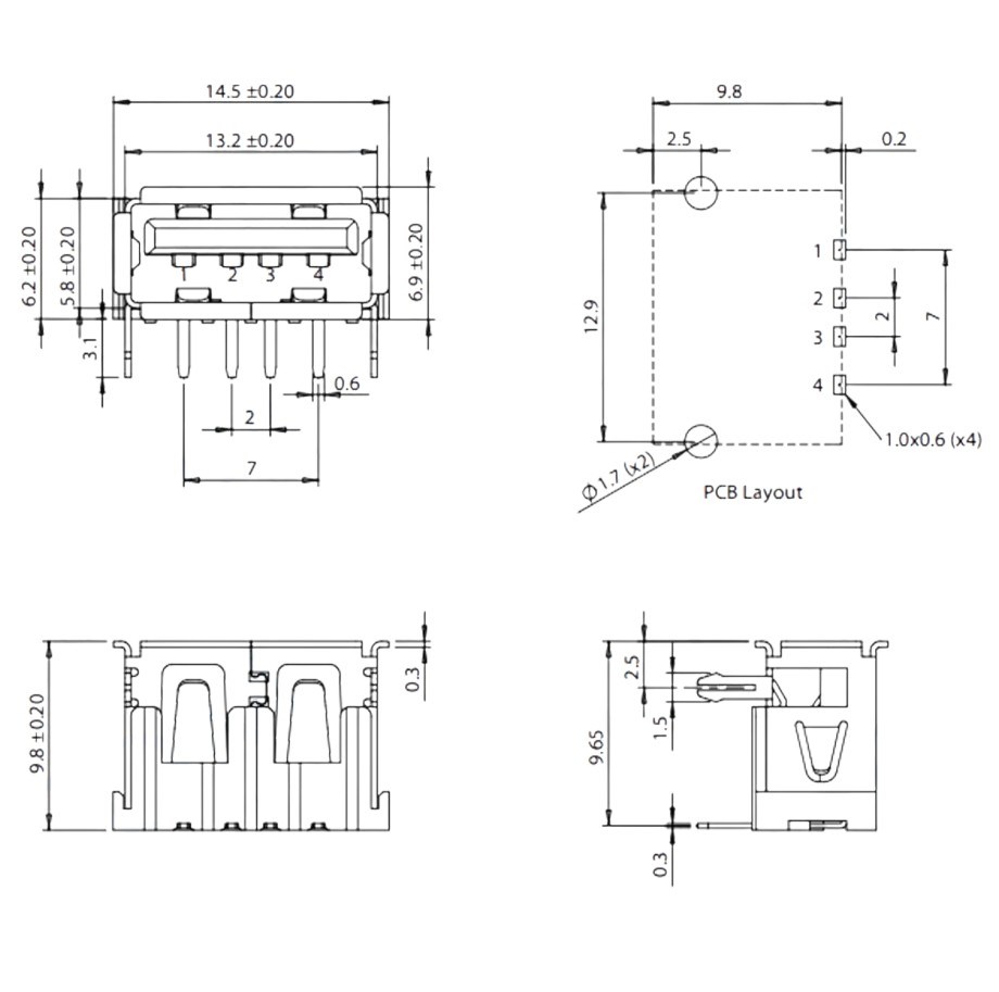 IC-265C USB Şase A Tip 90° Dişi Kısa