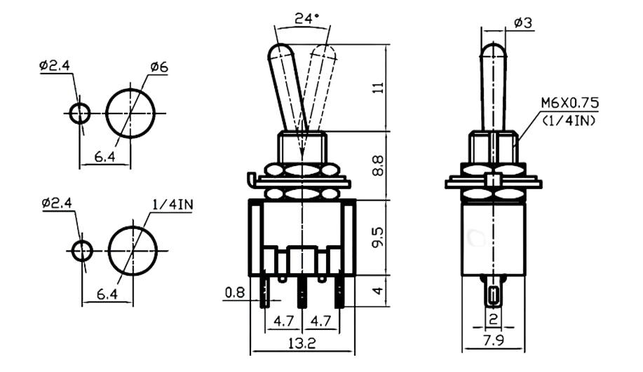 IC-140 Toggle Switch ON-OFF-ON Ø6mm MTS-103