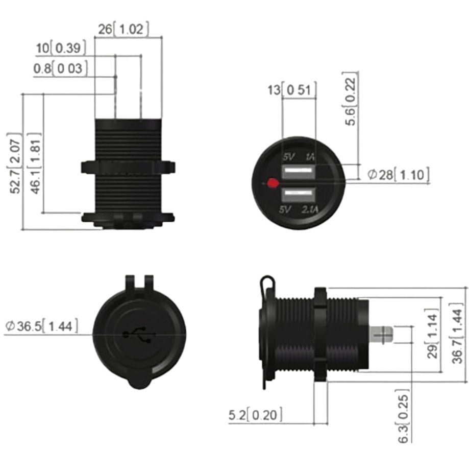 IC-266C Pano Tipi USB 8-32V Giriş 5V 1A ve 5V 2,1A Çıkış Kulaksız Ø30mm