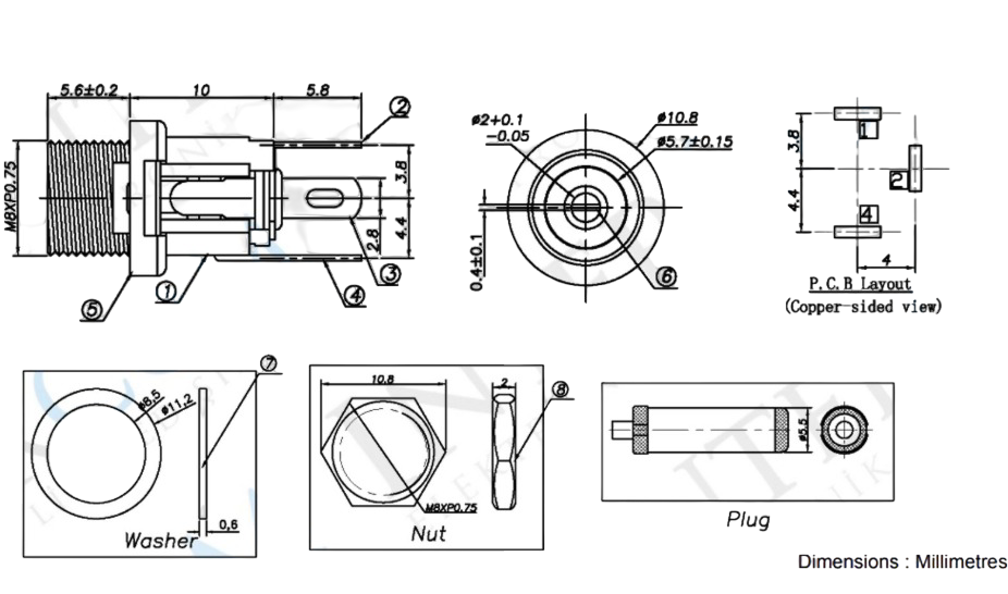 IC-258A DC Jak Üstten Somunlu 2.1mm Ø8mm