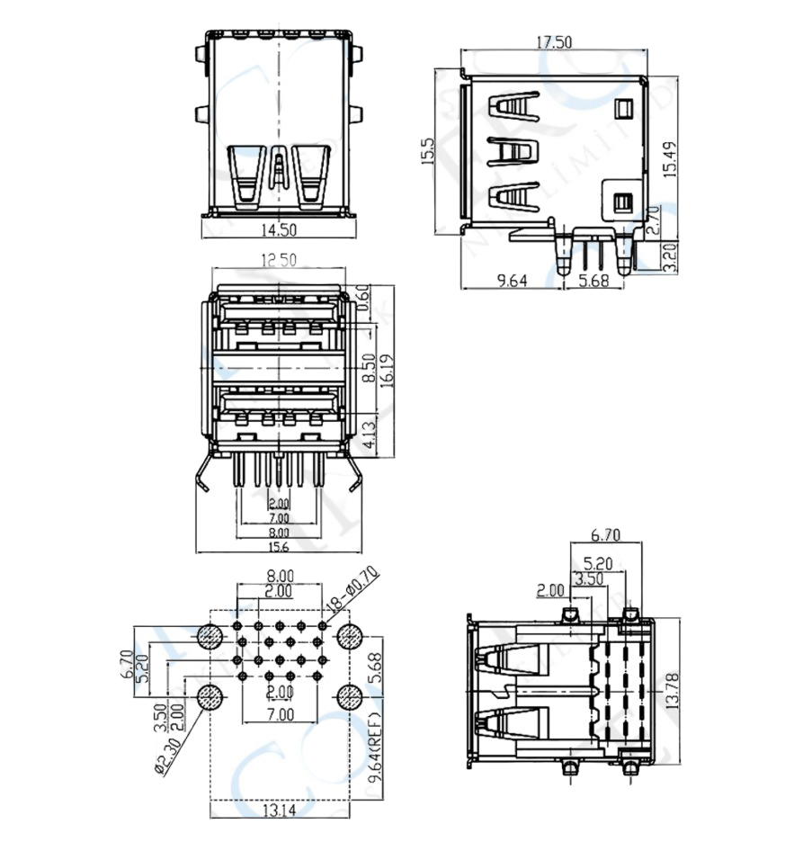 IC-265E USB İkili 3.0 Şase A Tip Dişi 90° Mavi