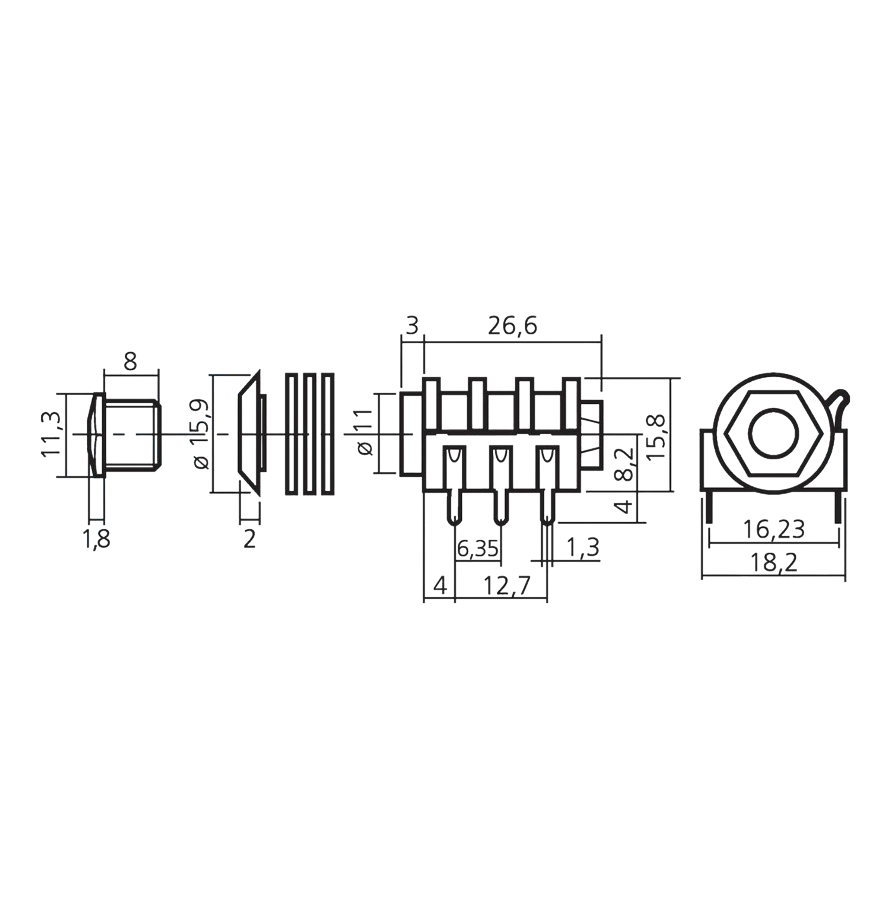 IC-261G-2 6,3mm Stereo Jak Dişi Şase 90° 6p