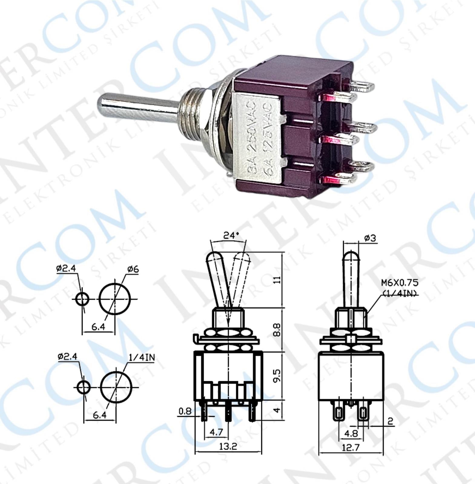 IC-145A Toggle Switch ON-OFF-ON (Kaliteli) Ø6mm MTS-203