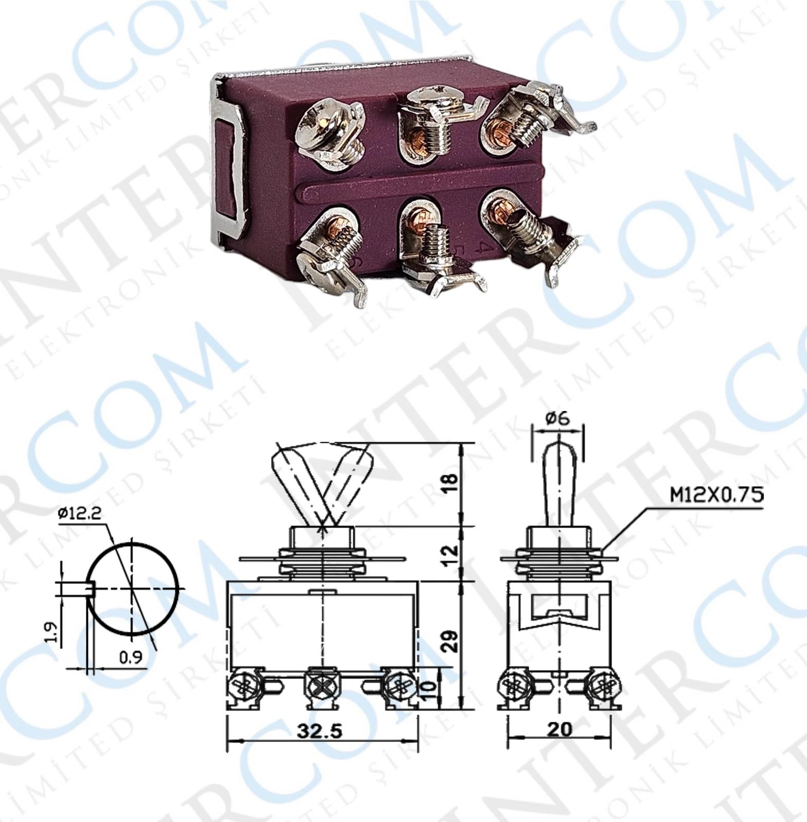 IC-158S SWION Toggle Switch 15AMP 6P ON-OFF-ON Ø12mm XT-23B