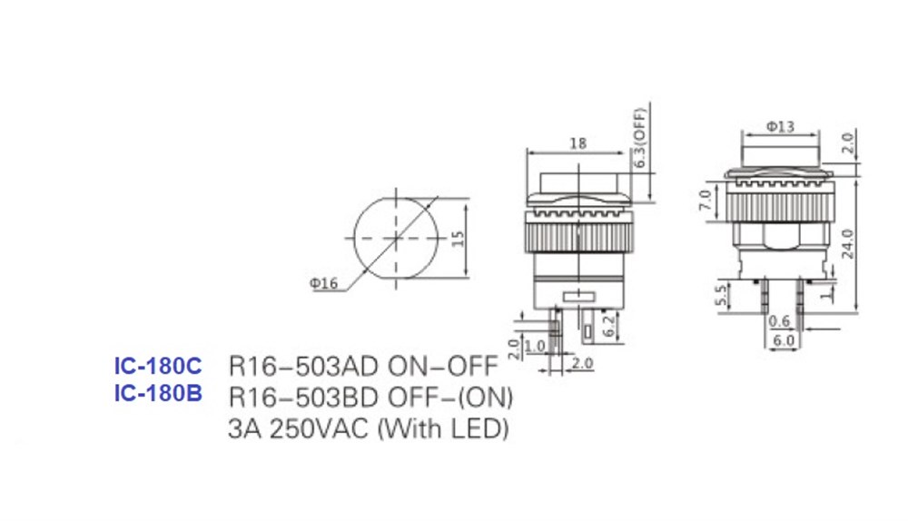 IC-180B 16mm Işıklı Buton Yaylı