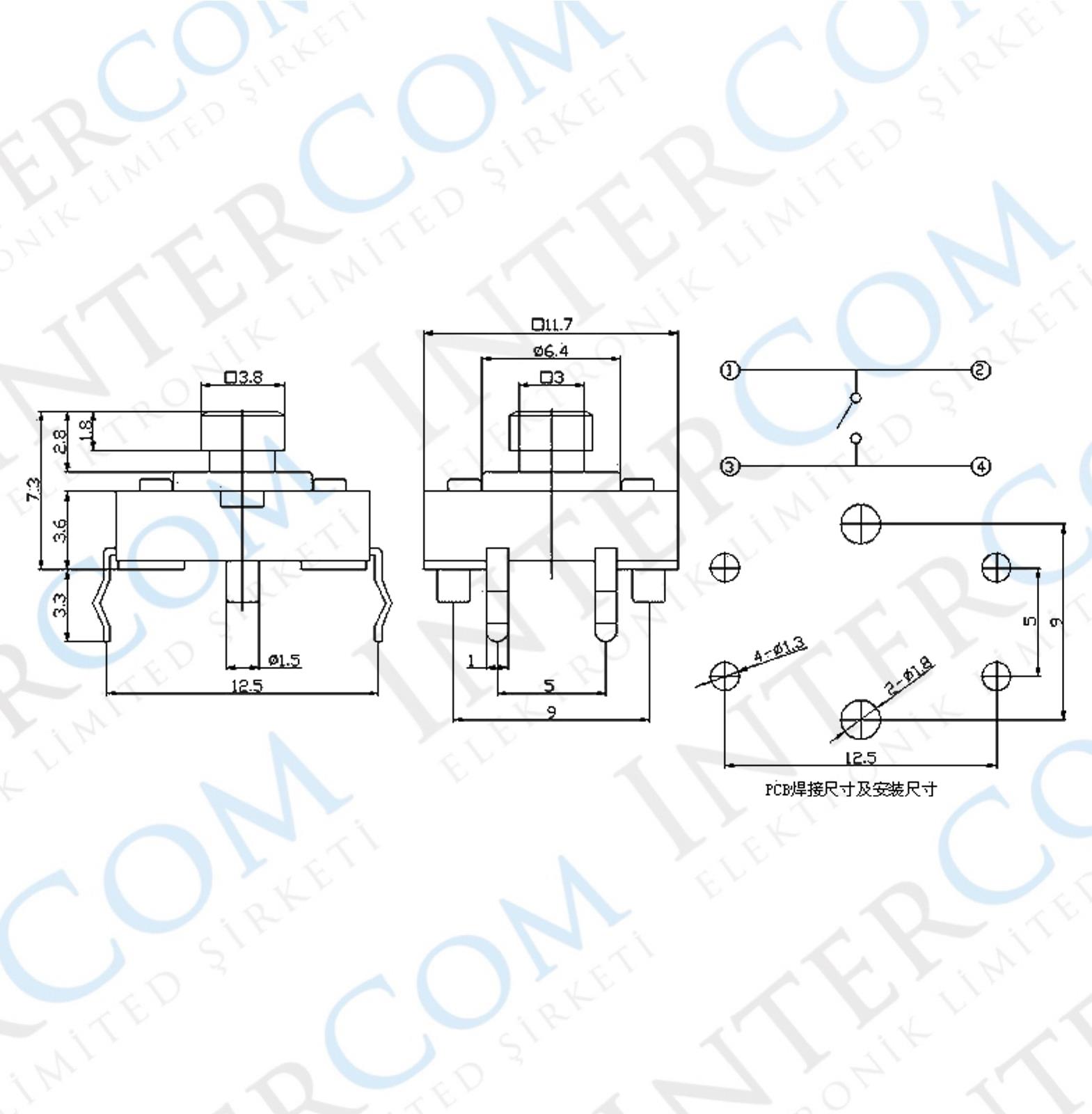 IC-204 Tact Switch 12x12 Kapak Takılabilir