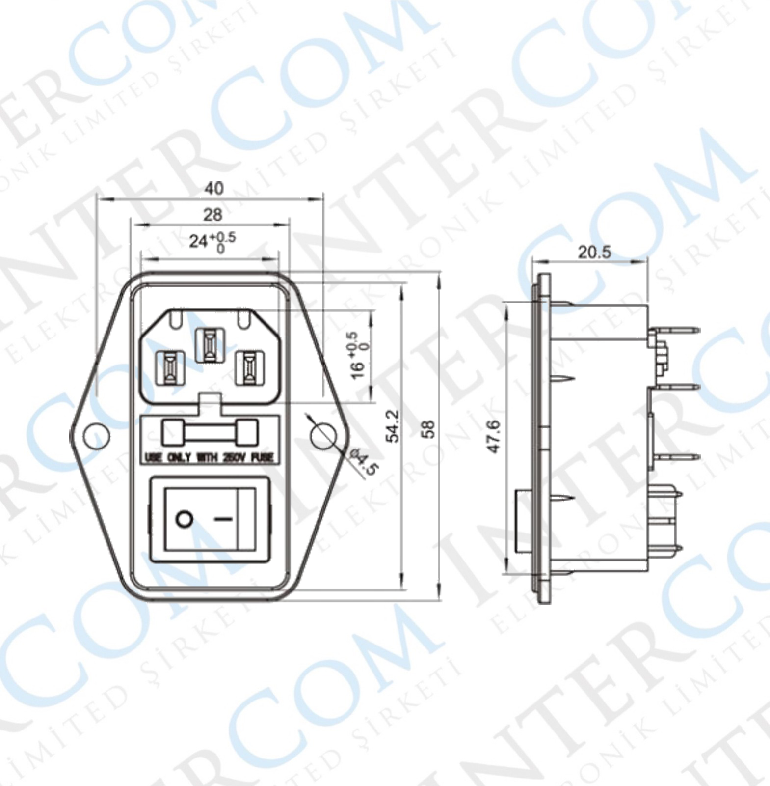 IC-214 C14 Power Soket Erkek Anahtarlı Fuseli Kulaklı AS-10E