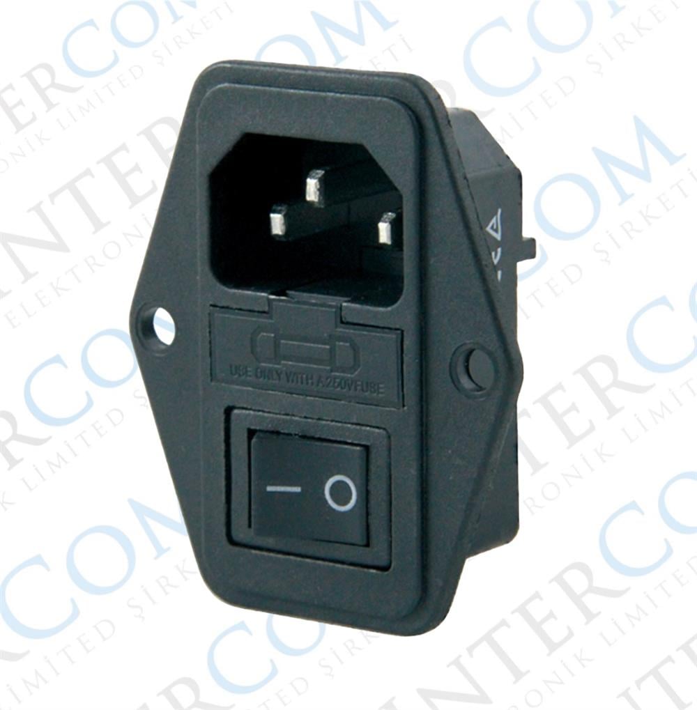 IC-214-S C14 Power Soket Erkek Anahtarlı Fuseli Kulaklı - UL Serifikalı