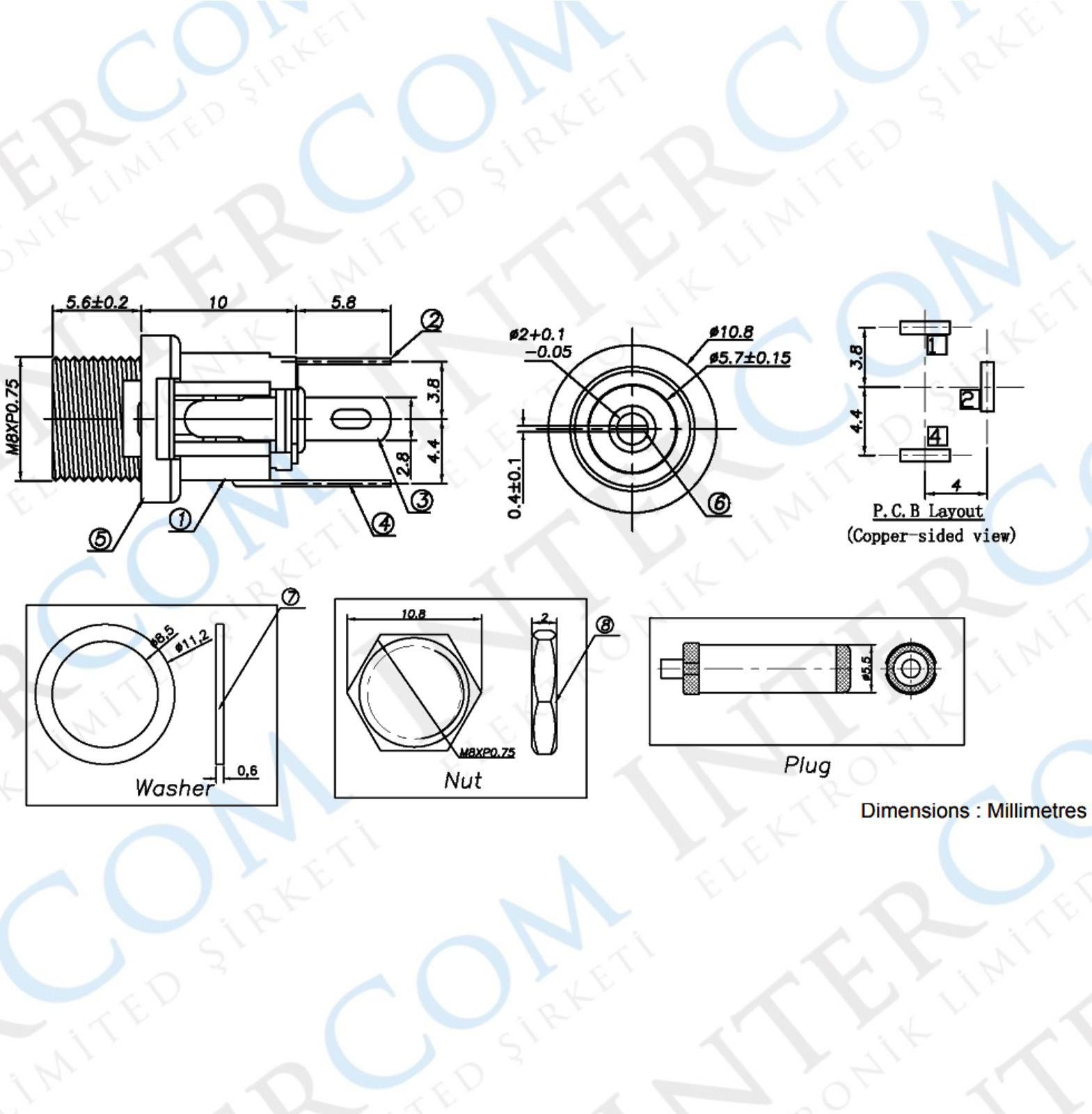 IC-258A DC Jak Üstten Somunlu 2.1mm Ø8mm