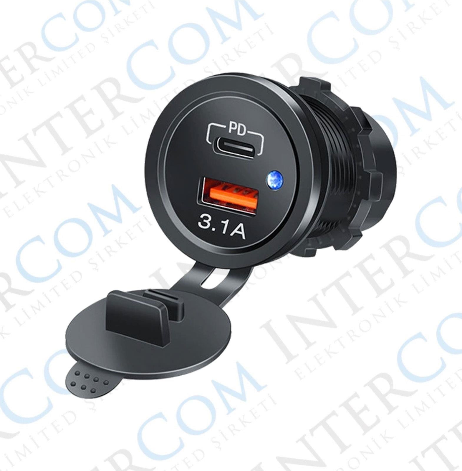 IC-266C-7 PANO TİP İKİLİ USB USB3.0 + TYPE-C SOKET 12-24V MAVİ