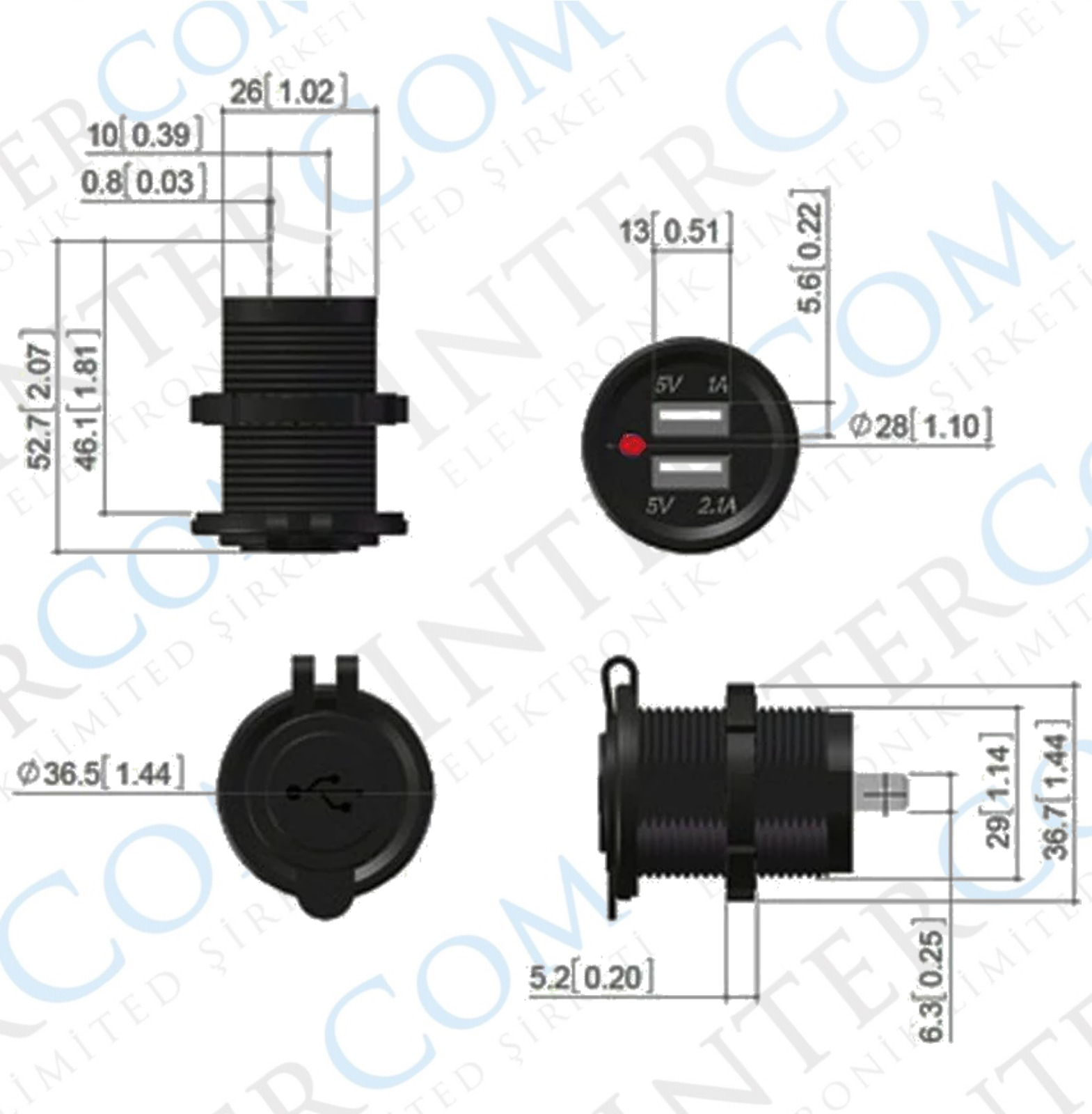 IC-266C Pano Tipi USB 8-32V Giriş 5V 1A ve 5V 2,1A Çıkış Kulaksız Ø30mm