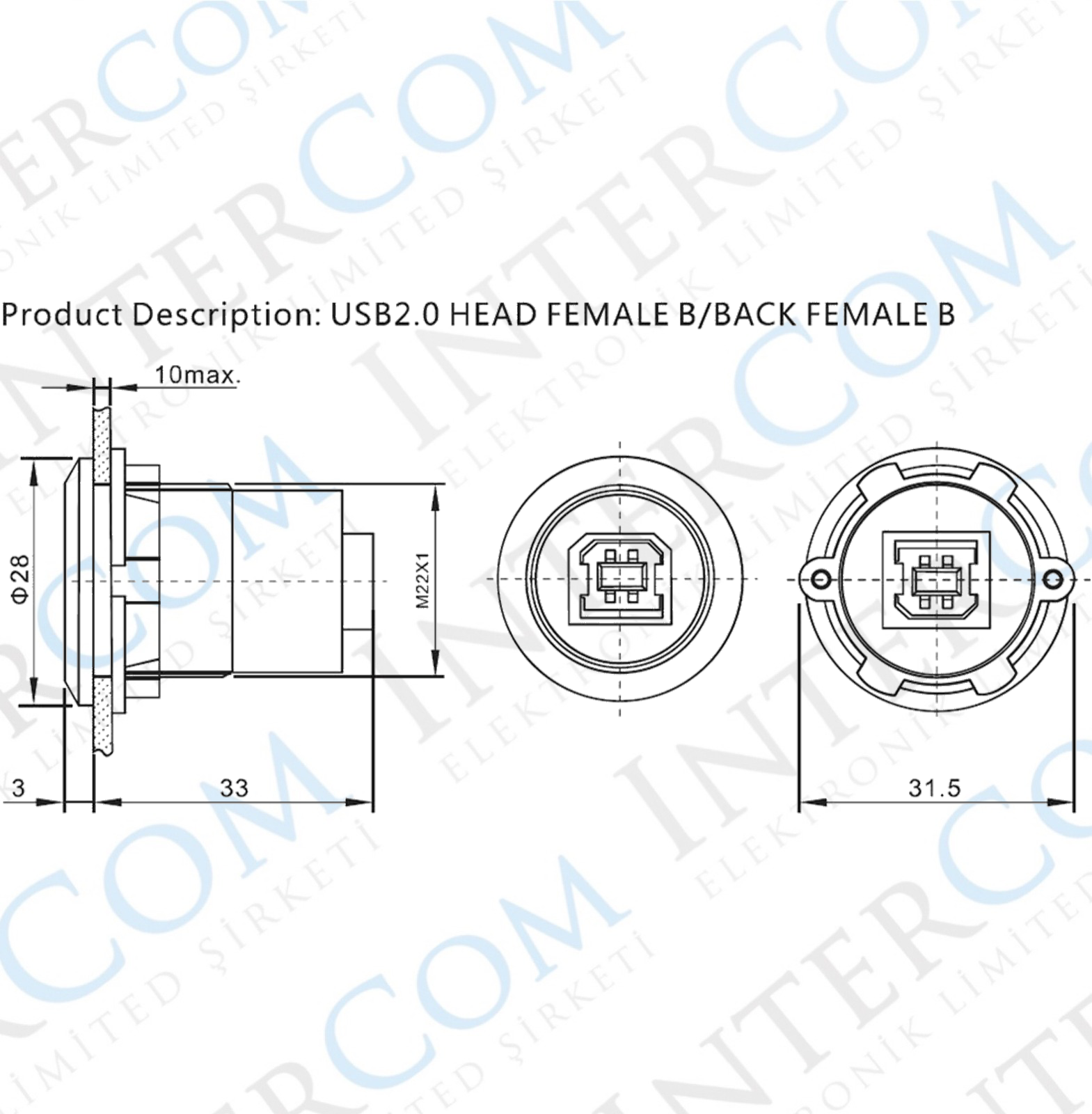 USB-04C-BK 22MM PANO TİP SİYAH USB B DİŞİ SOKET 