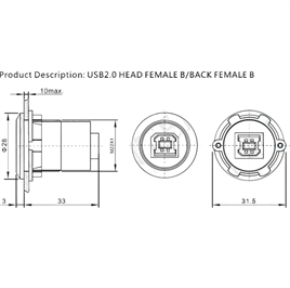 USB-04C-BK 22MM PANO TİP SİYAH USB B DİŞİ SOKET 