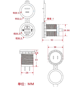 IC-266C-5 Pano Tipi USB 3.0 + Type-C Soket 12-24V - TYPE-C 30W - USB 18W