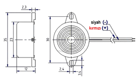 IC-221 Buzzer 12Volt DC 23mm Kablolu Devreli