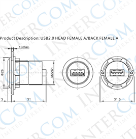 USB-01C-BK 22MM PANO TİP SİYAH USB A DİŞİ SOKET