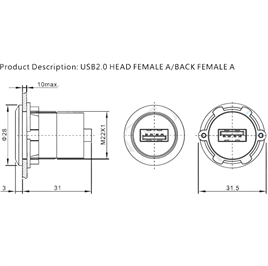 USB-01C-BK 22MM PANO TİP SİYAH USB A DİŞİ SOKET