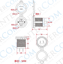 IC-266C-5 Pano Tipi USB 3.0 + Type-C Soket 12-24V - TYPE-C 30W - USB 18W
