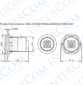 USB-04C-BK 22MM PANO TİP SİYAH USB B DİŞİ SOKET 