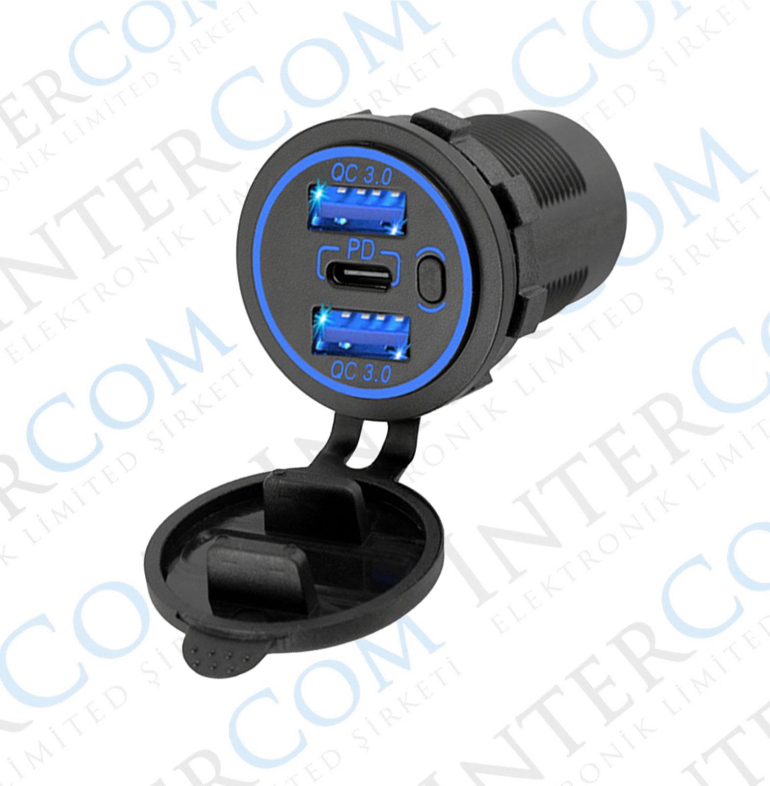 IC-266C-8 PANO TİP 2'Lİ USB3.0 + TYPE-C SOKET 12-24V MAVİ