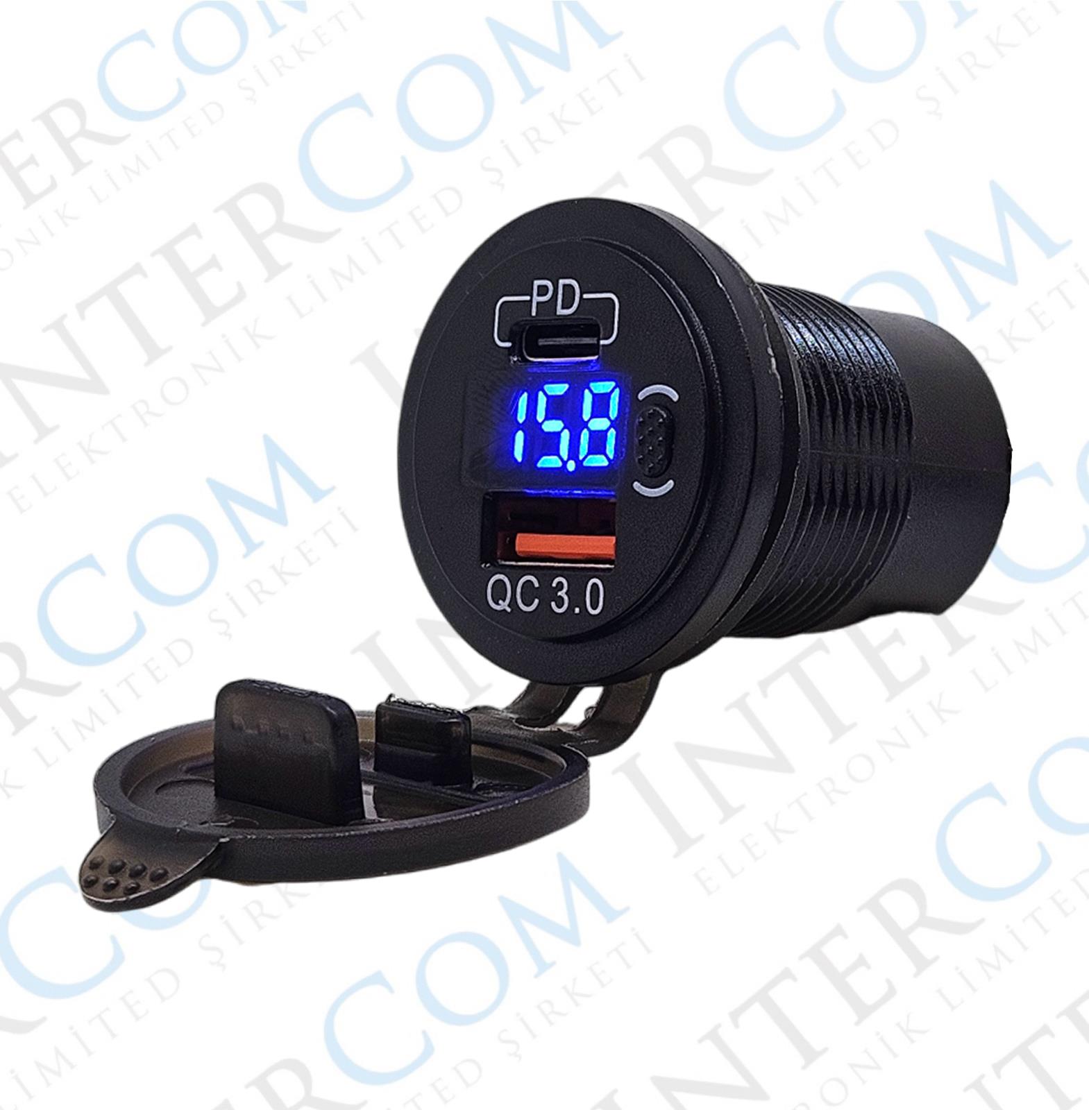 IC-266D-6 Pano Tip Voltmetreli 2'li Usb 3.0 + Type-C Butonlu