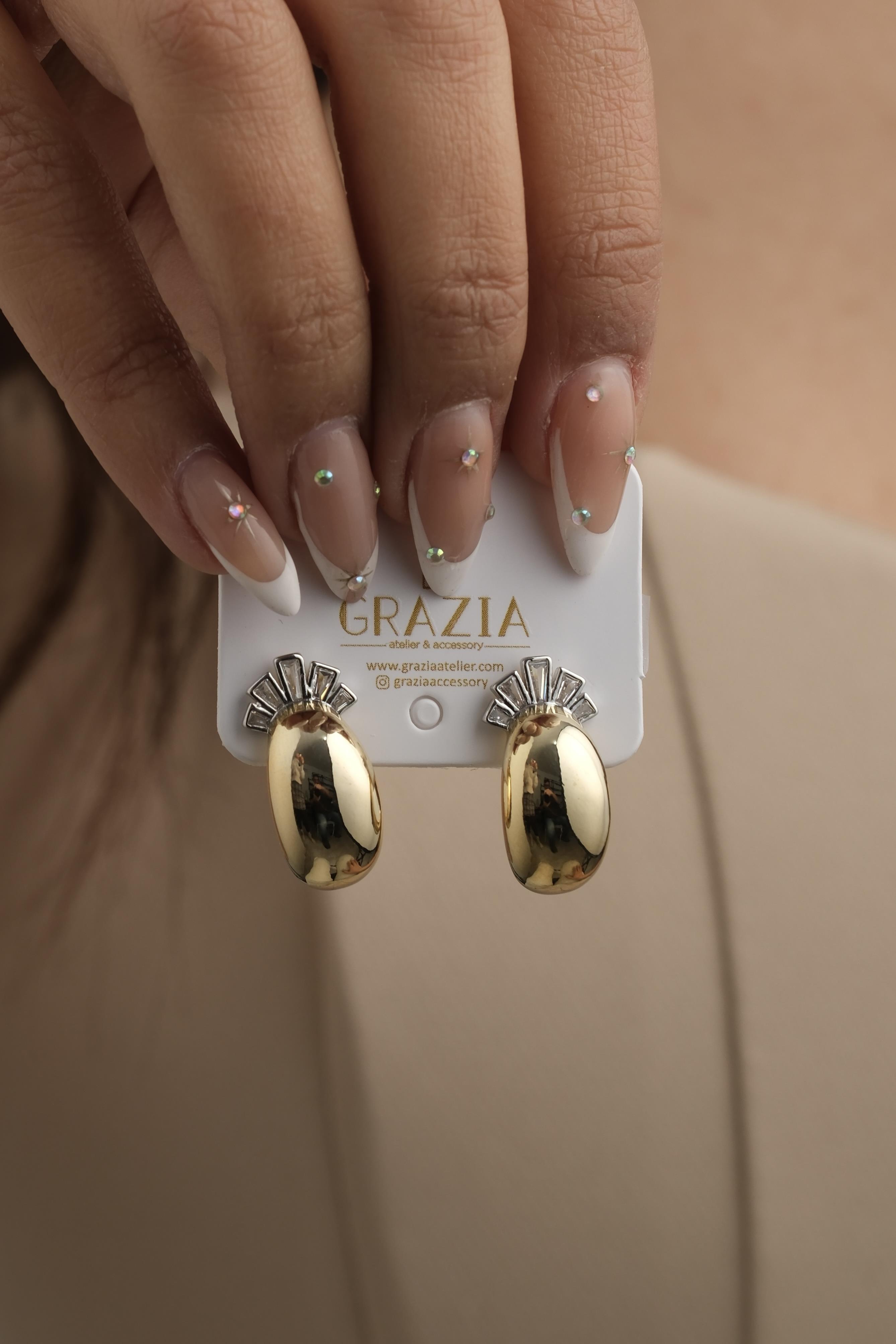 Taç Taşlı Gold Küpe