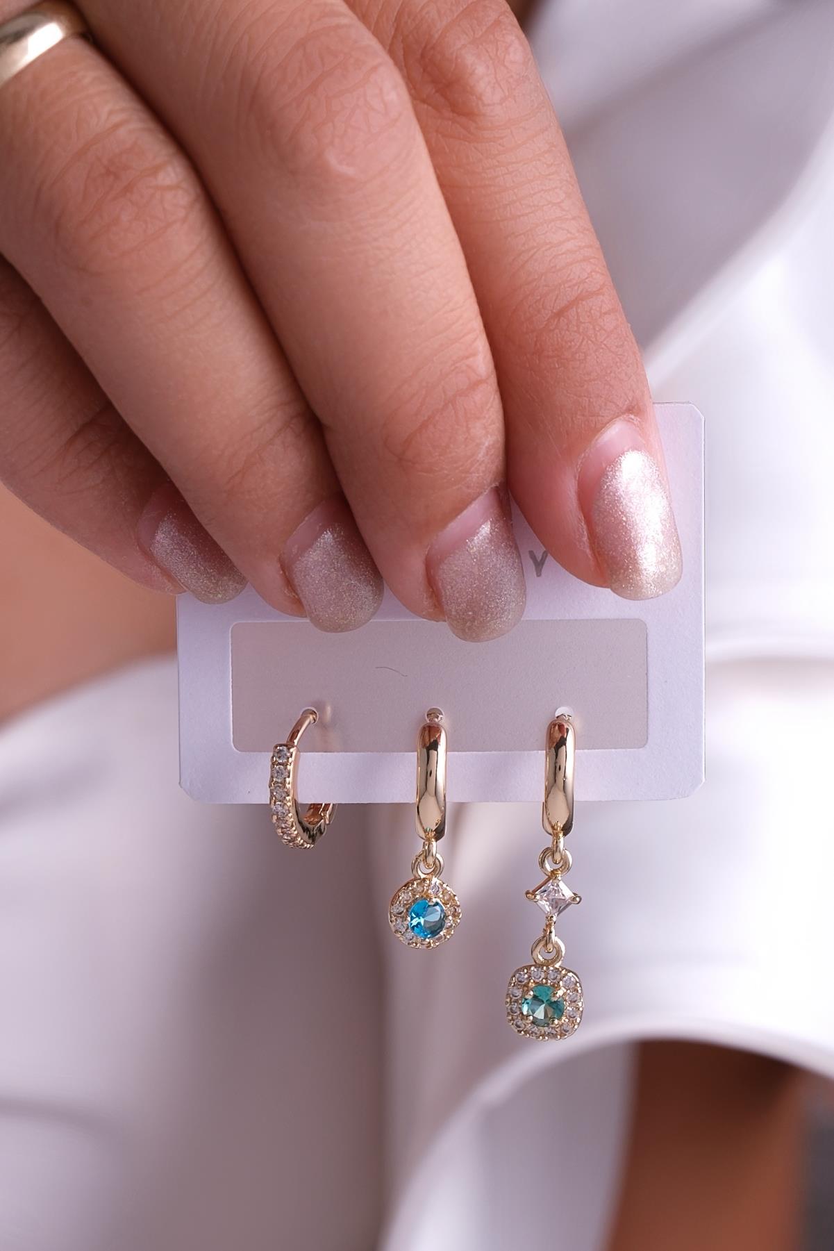 Üçlü Küpe Seti Gold Renk Aksesuar Set - 3KSg37