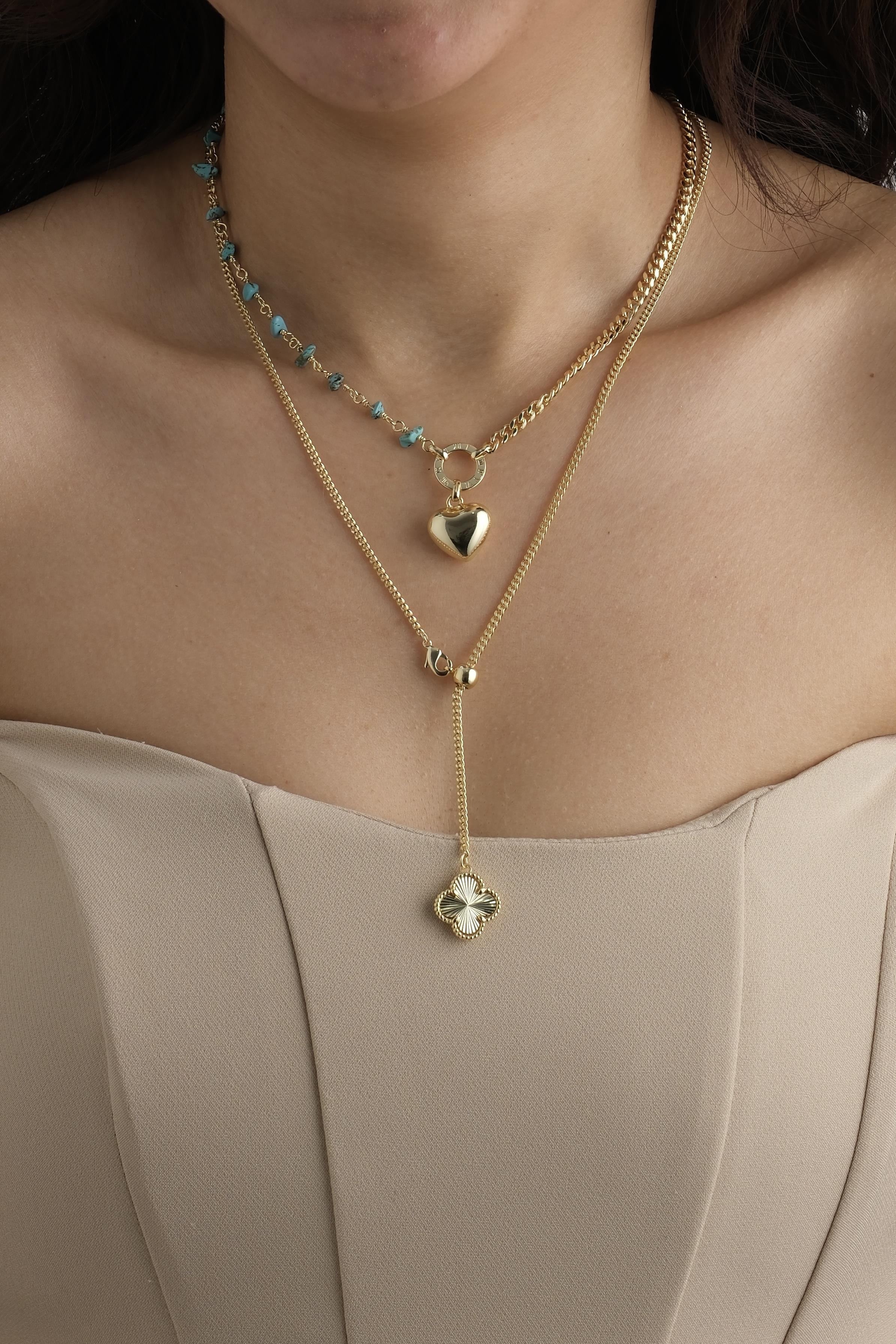 Asansörlü Yonca Mavi Kalp Kolye Seti