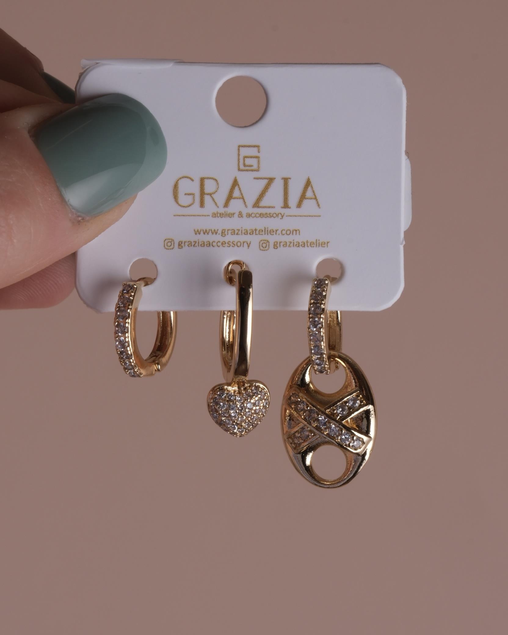 Gold Kalp Çarpı Üçlü Küpe Seti