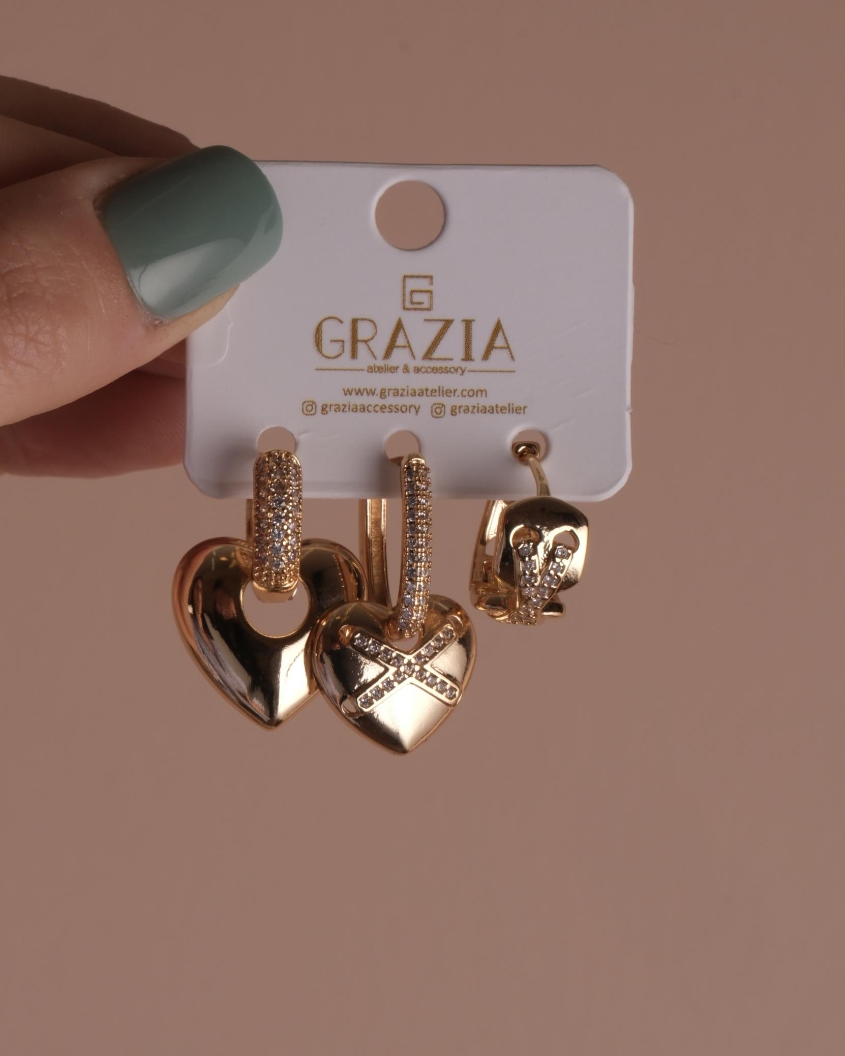 Gold Kalp Kemer Üçlü Küpe Seti 