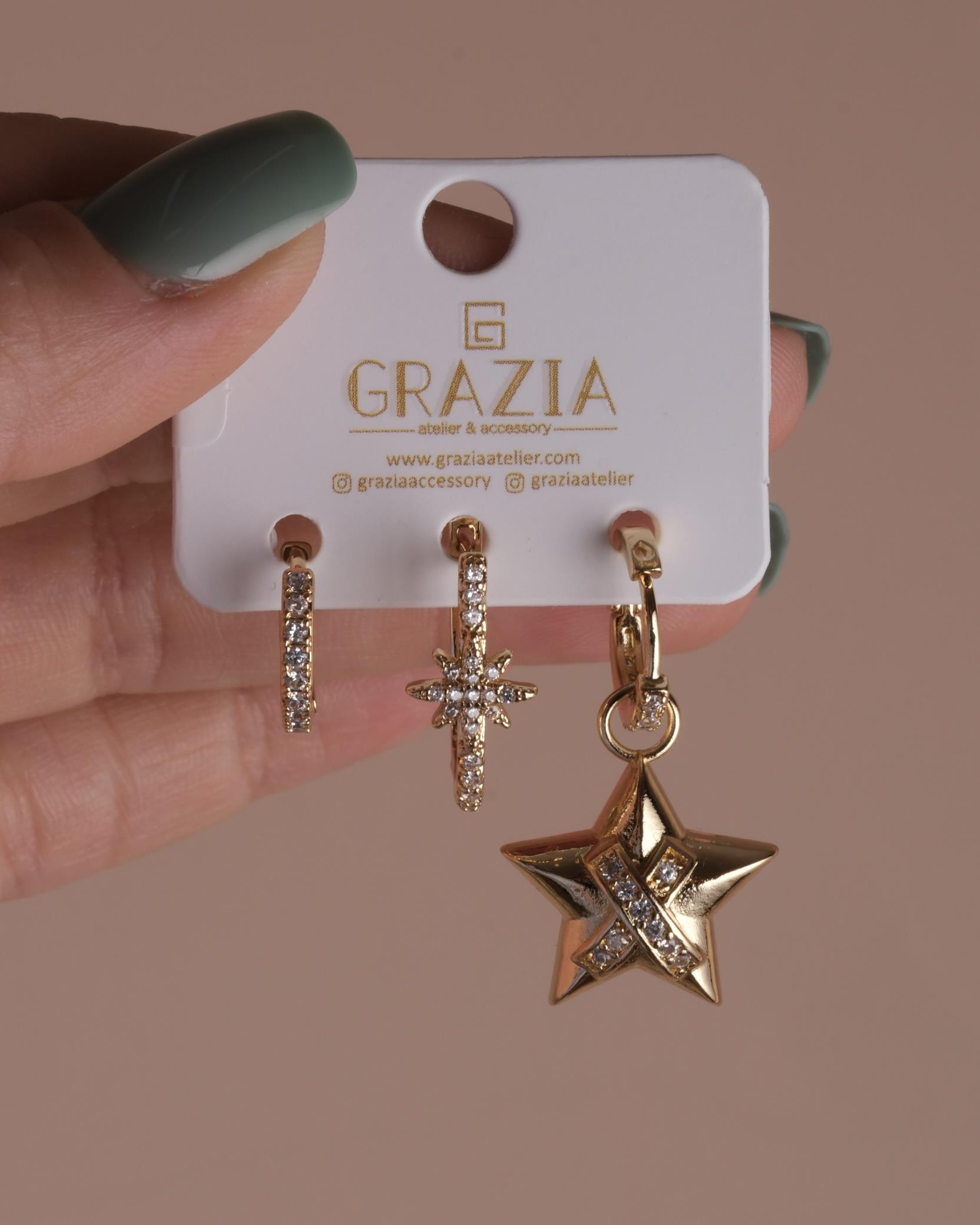 Gold Minik Yıldızlı Üçlü Küpe Seti