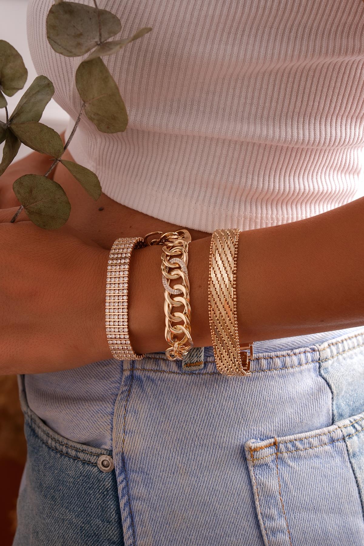 Gold Renk Rodyum Kaplama Kalın Bileklik Seti-VIPg-18-19-20