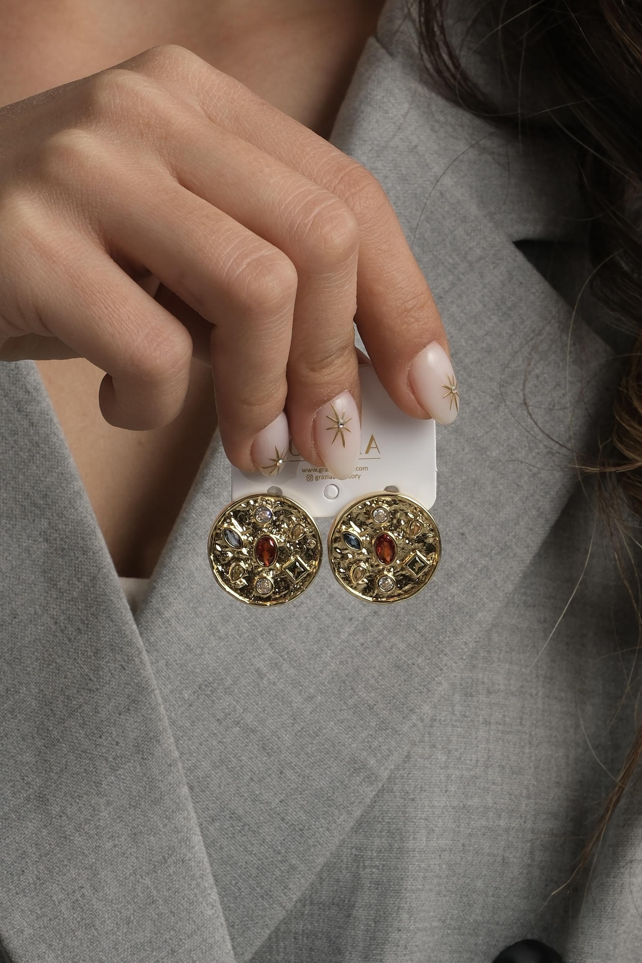 Gold Renkli Taşlı Yuvarlak Küpe