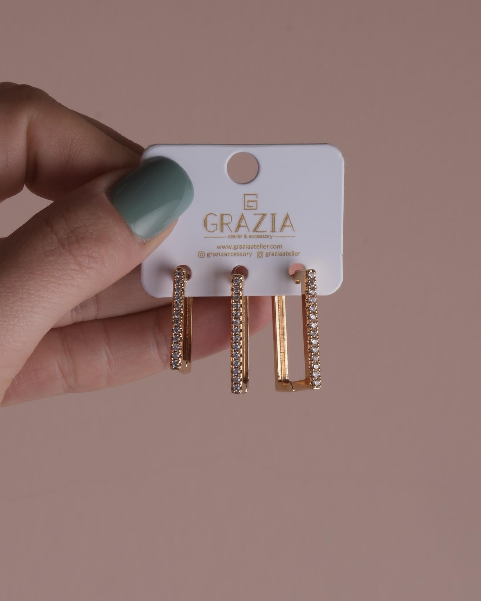 Gold Üçlü Kare Küpe Seti 