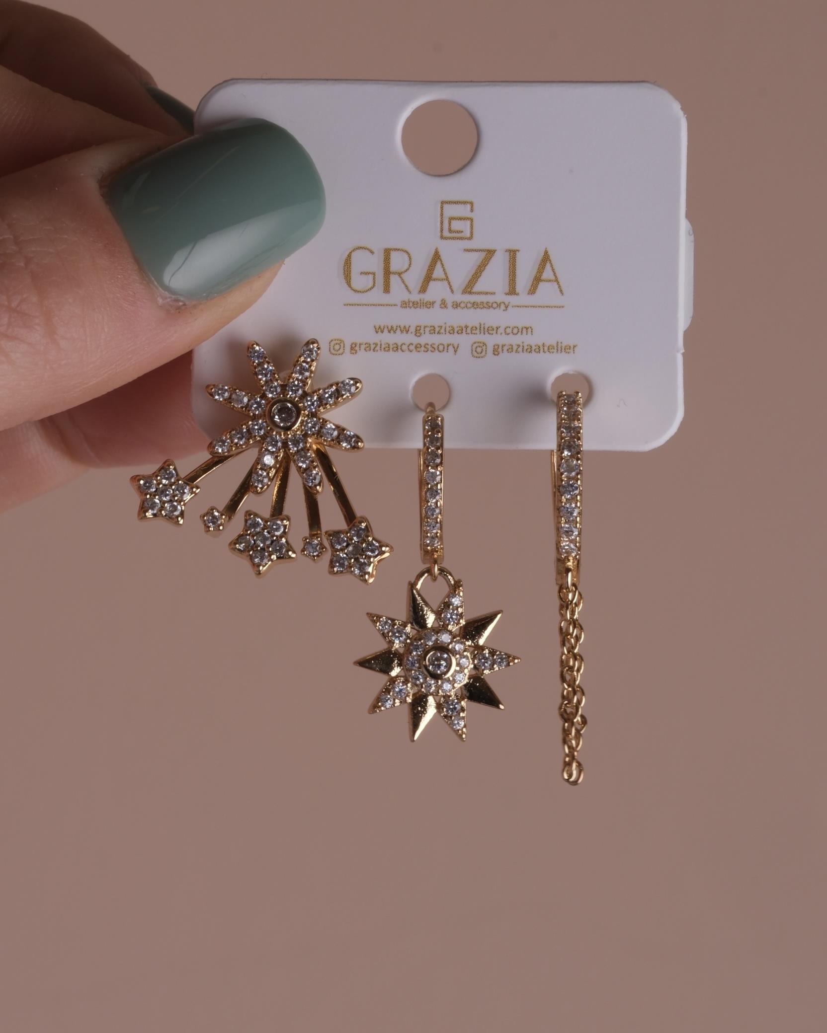 Gold Yelpaze Çiçek Üçlü Küpe Seti