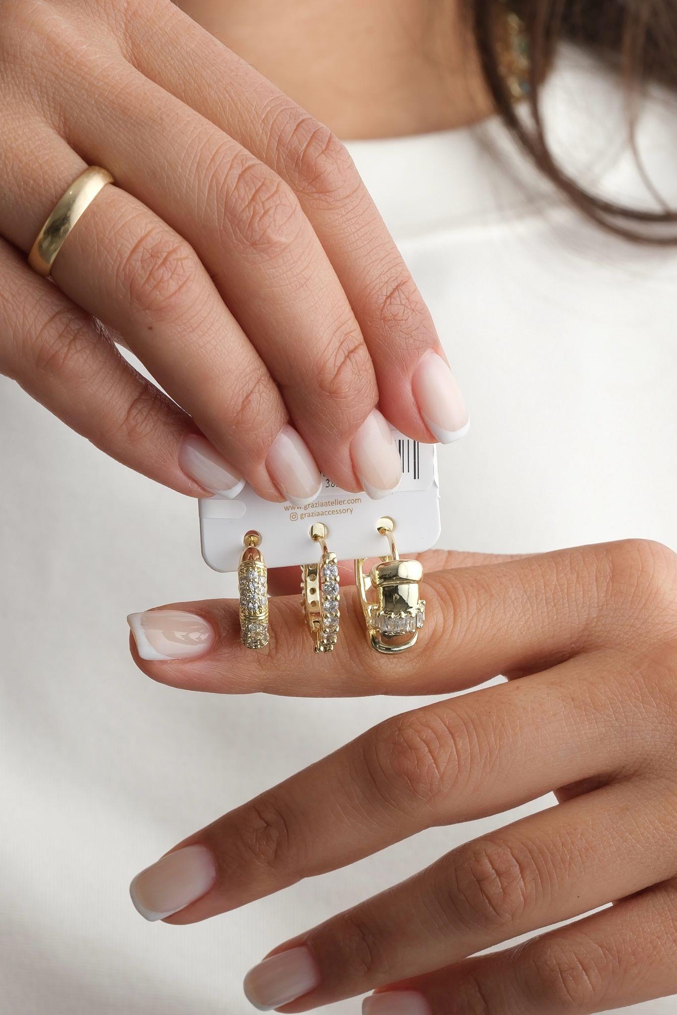 Gold Zarif Kalın Üçlü Küpe Seti