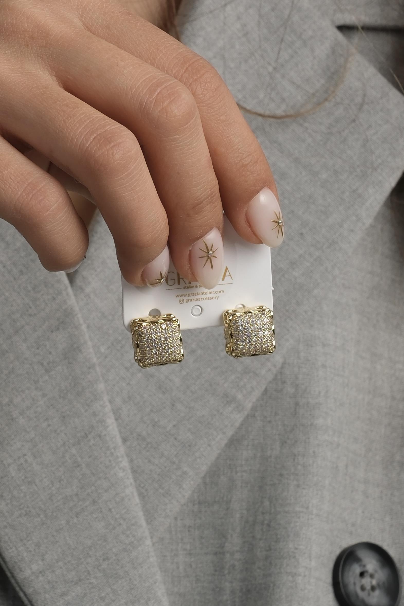 Gold Zirkon Kare Küpe